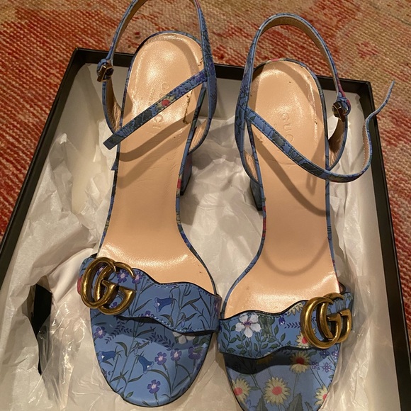 🎁 BLACK FRIDAY SALE 🎁Authentic Gucci Blue Floral Block Heel - Picture 1 of 11